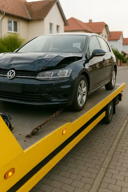 Ein defektes Auto, das im Rahmen eines Autoankaufs in Solingen abgeschleppt wird, um eine faire Bewertung zu erhalten.