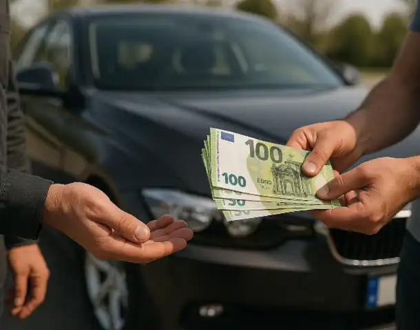 Ein Kunde erhält einen Barkauf beim Autoankauf in Solingen, nachdem sein Fahrzeug erfolgreich bewertet wurde.